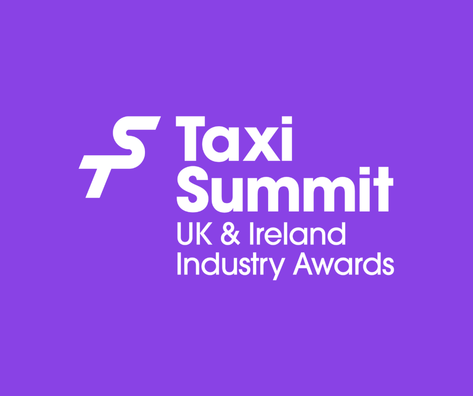 purple background with white taxi summit logo